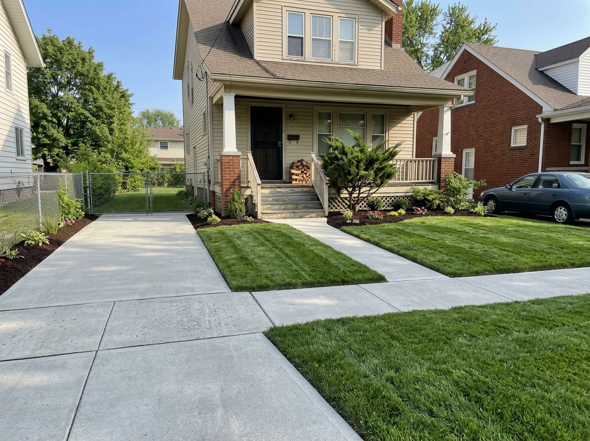 Pristine green lawn and fresh mulch after Rodriguez LawnCare service