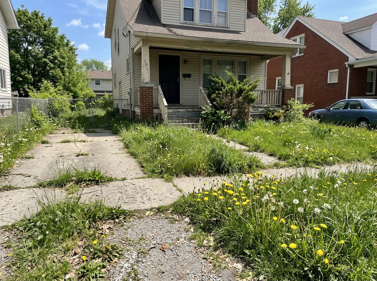 Overgrown yard before landscaping service