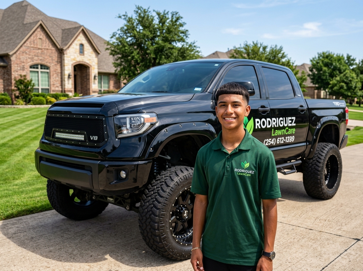 Owner of Rodriguez LawnCare with 7-inch lifted black Toyota Tundra V8